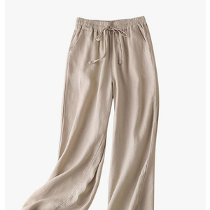 Womens Linen Pants Spring Summer Straight Leg Loose Fit Beach Pants with Drawstring, Size L