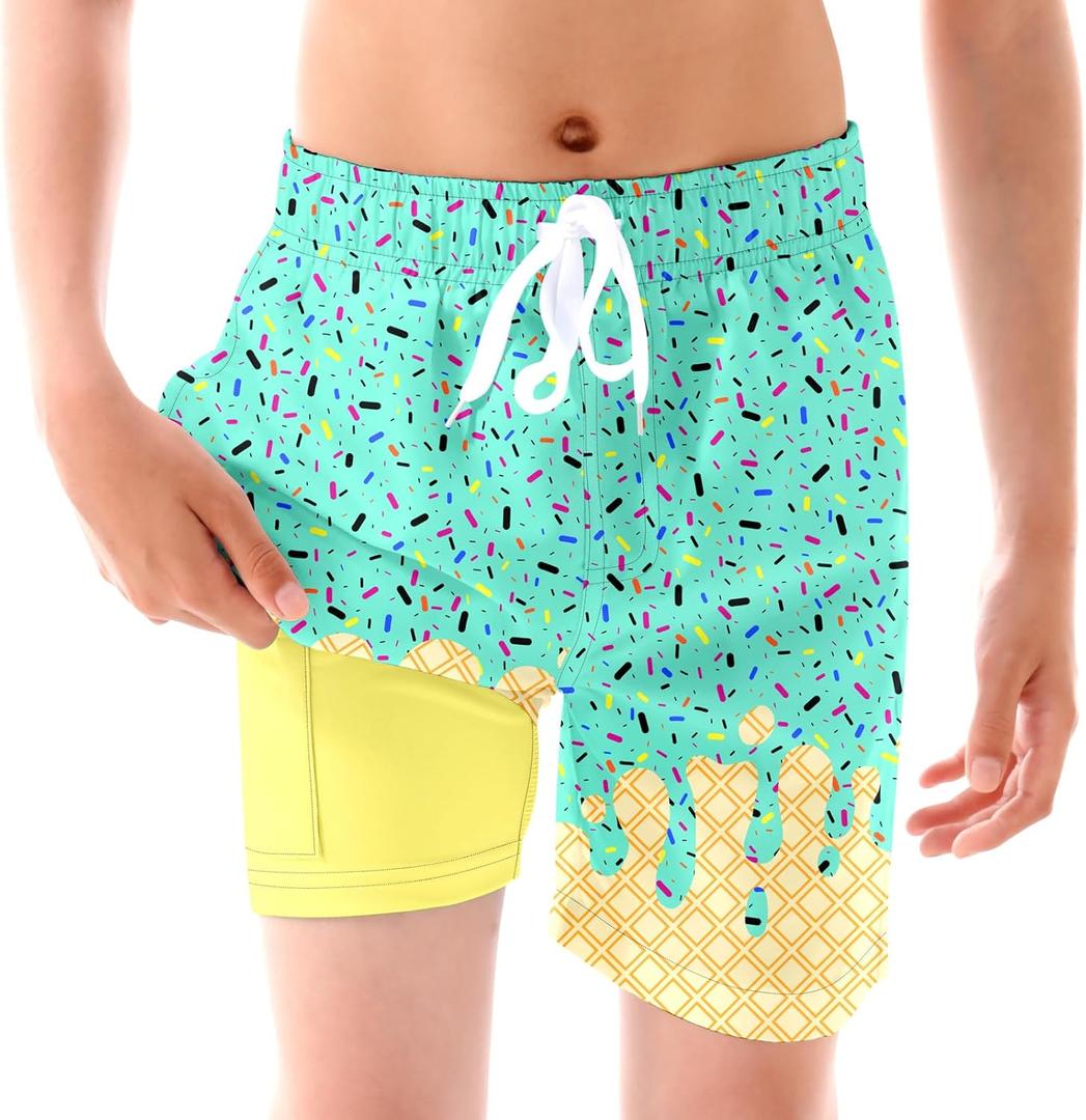 Boys Bathing Suits Swimwear Novelty Green ice Cream Board Shorts 14 Years Kids Yellow Swim Trunks with Compression Liner Big Boys Swim Shorts