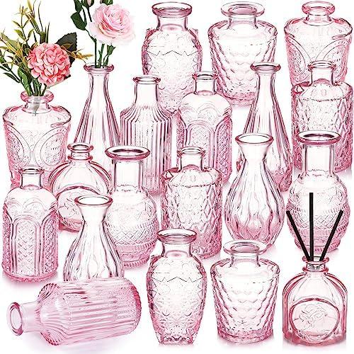 Inbagi 20 Pcs Glass Bud Vase Set - Pink Small Flower Vases Bulk, Vintage Embossed Decorative Bottles for Wedding Valentine Home Table Centerpieces Decor