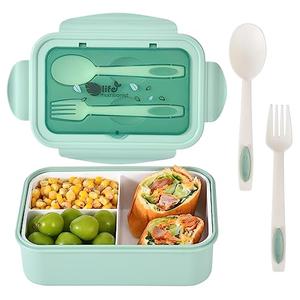 UPTRUST Bento Lunch container For Kids, Bento adult box With 3 Compartment. Leak-proof, Microwave safe, Dishwasher Safe, Freezer Safe,Meal Fruit Snack Packing Box(Spoon&Fork included) (Green)