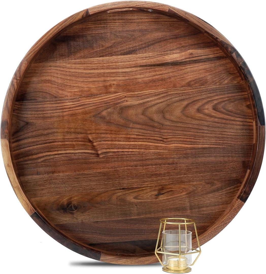 22 Inches Extra Large Round Black Walnut Wood Ottoman Tray with Handles, Serve Tea, Coffee or Breakfast in Bed, Classic Circular Wooden Decorative Serving Tray