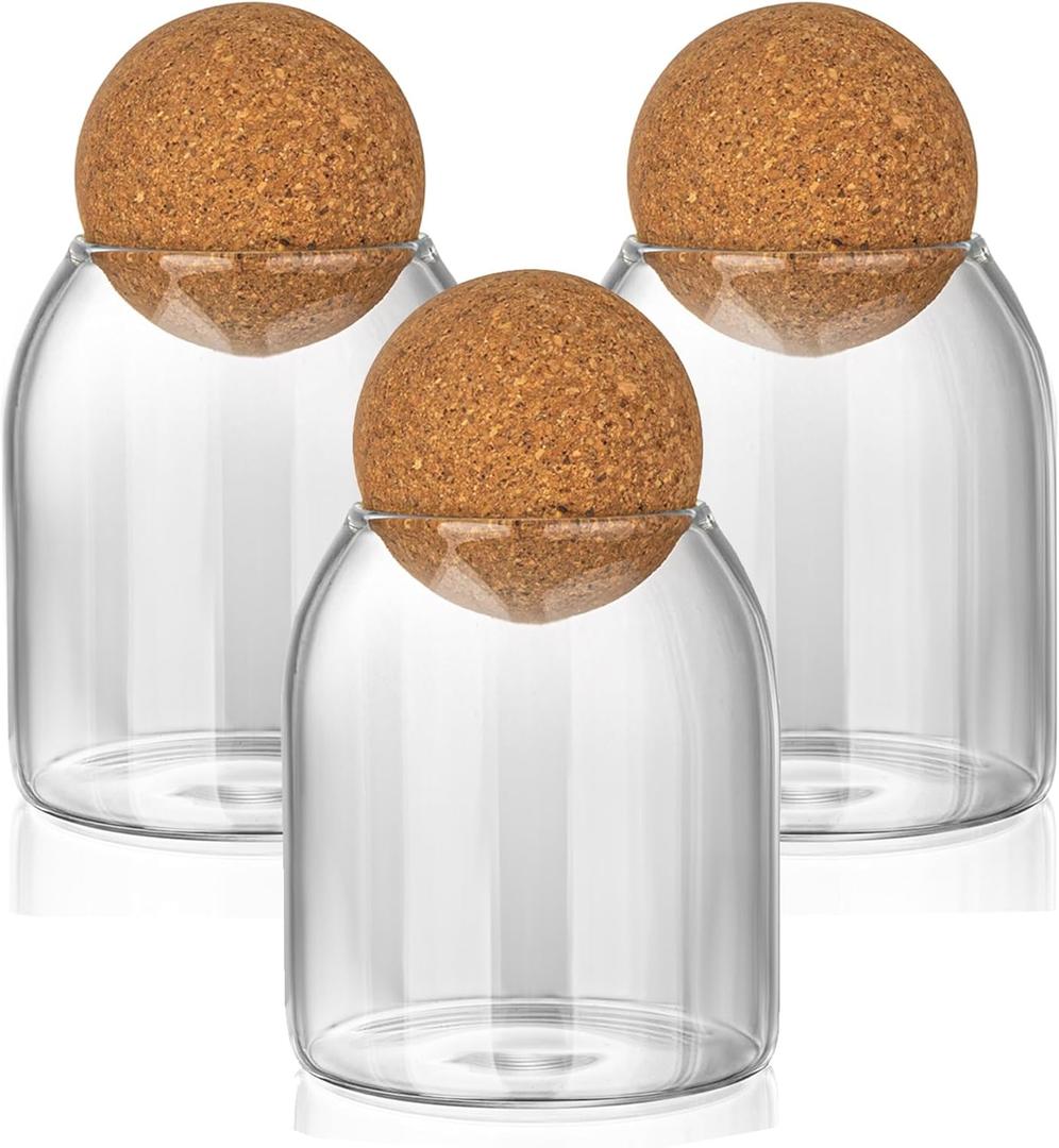3 Pcs Glass Storage Jars, 480ML/16Oz - Airtight Cork Ball Lids, Glass Containers with Wooden Seals for Coffee Beans & Nuts,