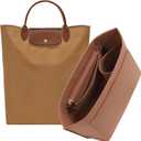 Purse Organizer Insert for Longchamp Le Pliage M Top Handle Tote Bag, Lighweight Premium Felt Long Champ Medium Tote Divider with Cup Holder,Bags Storage Shaper with 7 Deepened Pockets,M/Gold-brown
