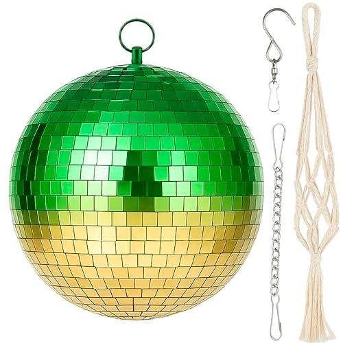 Disco Ball 8 in Mirror with Silver Chain and Boho Net Pouch, Cool Colorful Disco Ball, Hanging Party Disco Decor for Wedding Decoration, Home Decor (Gradient Green, 8 inch)