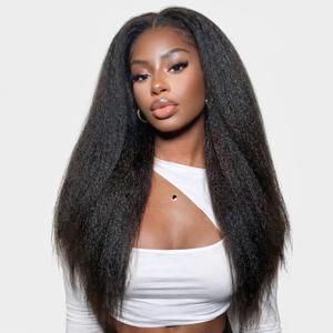 Kinky Straight Pull Go Full 13x6 Lace Front Wigs Human Hair 210% Density Glueless Wear Go Wigs Pre Plucked Pre Cut HD Lace Frontal Drawstring Wig Yaki Straight Wig for Black Women 30 Inch