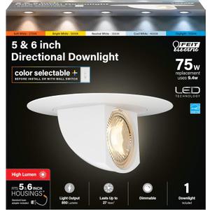 Feit Electric 5-6 inch LED Directional Recessed Downlight, 9.4W (75W Equivalent), 2700K5000K Selectable Colors, Dimmable, 850 Lumen, 50,000-Hour Lifetime, LEDR56SCP/6WYCA