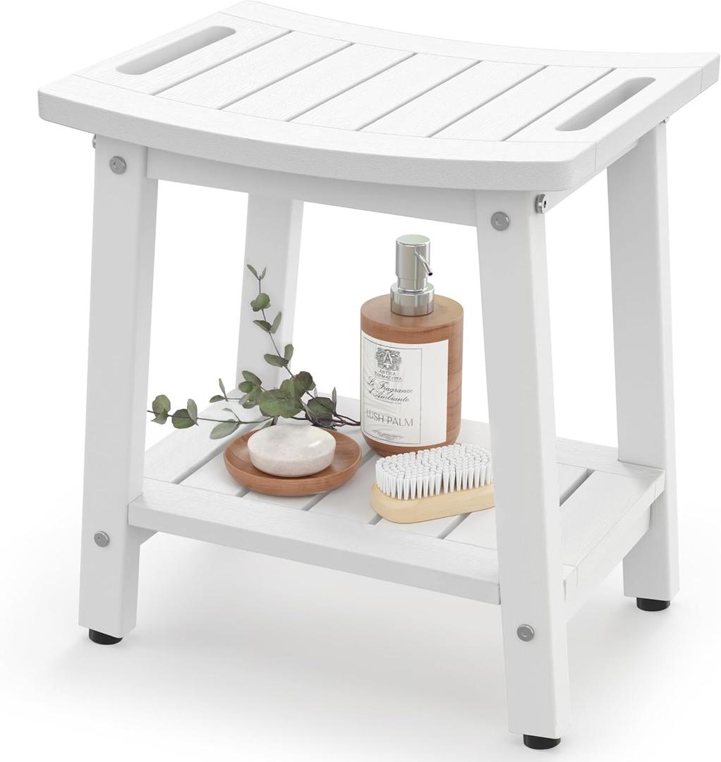 Shower Bench for Inside Shower - White HDPE Shower Stool Waterproof - Spa Bathroom Seat Chair with Handle, Storage Shelf, Adjustable Feet - Indoor/Outdoor, Weather Resistant (Medium 16x12.5x17 Inch)