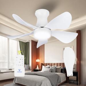 30 Inch Flush Mount Ceiling Fan with Light - Small Ceiling Fan with Light for Bedroom/Kids Room/Small Room - Low Profile Design - Indoor/Outdoor Use - 5 Blades White