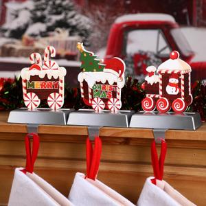 Alupssuc 3 Pcs Christmas Stocking Holders for Mantle, Christmas Stocking Hangers for Fireplace-Weighted Stocking Hooks for Mantel&Christmas Holiday Party Decoration-Candy Train