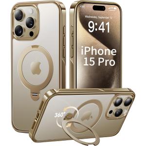 CASEKOO Titanium 360 Rotatable Magnetic Stand for iPhone 15 Pro Case [Compatible with Magsafe][16FT Military Protection] Slim Polished Frame Titanium Alloy Sturdy Stand 6.1'', Antique Gold
