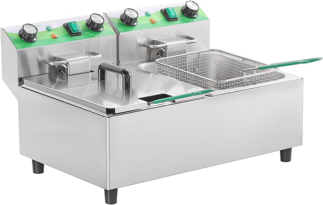 NUPANT 20L/21.2QT Commercial Deep Fryer with Timer Dual Tank Electric Countertop Fryer with Double Baskets and Lids, Temp Control, 3400W/110V Stainless Steel Large Deep Fryer for Restaurant Kitchen