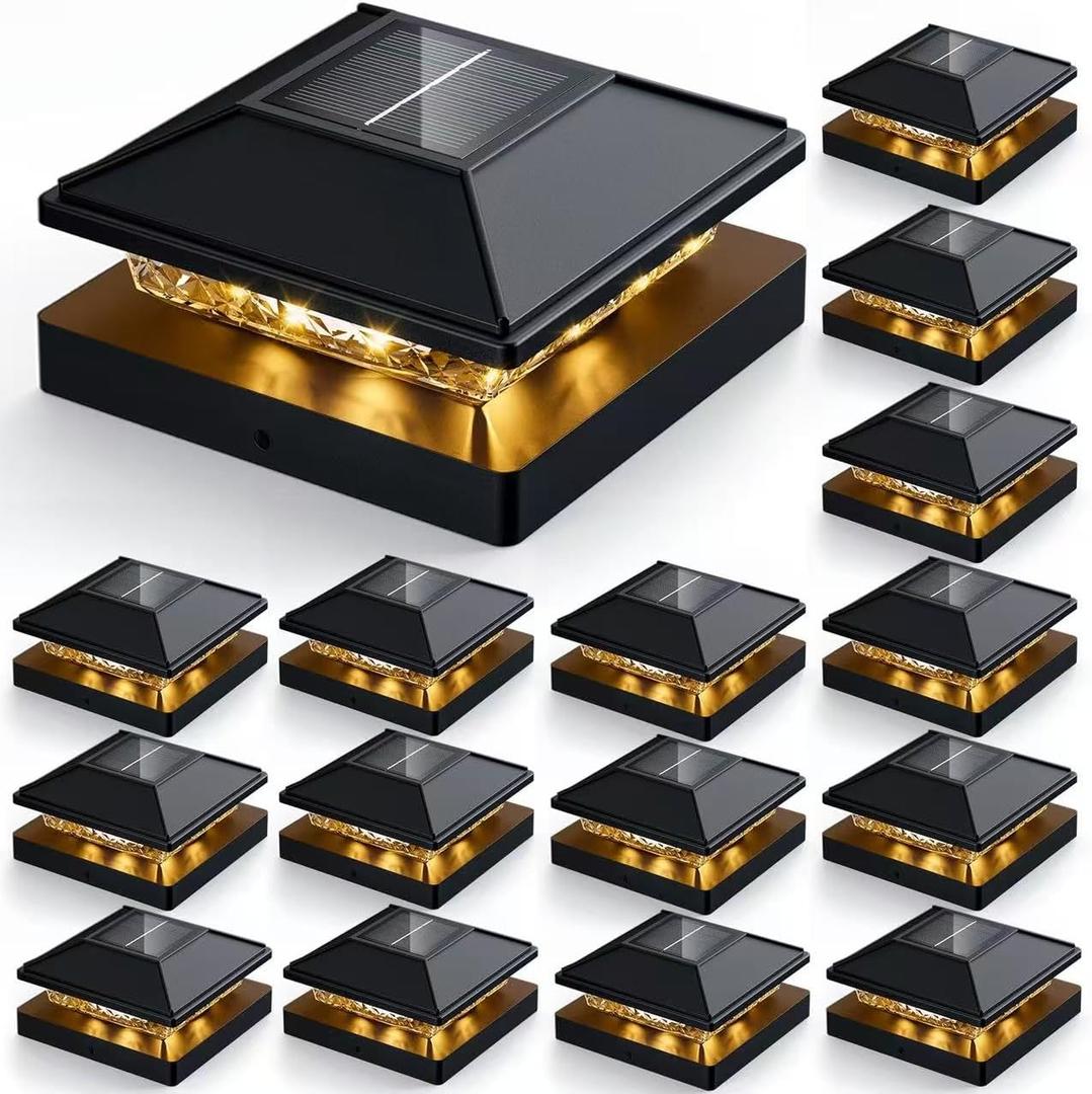 16pack Modern Black Solar LED Post Cap Lights, 16 x LED, Waterproof, Solar Powered, Anti-Rust, for Deck, Fence, Porch, Garden, Patio
