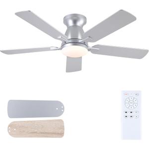 Ceiling Fans with Lights and Remote, 46 Inch Flush Mount Low Profile Ceiling Fan with Light, Ceiling Fan for Bedroom Living Room, Quiet DC Motor, Reversible, Dimmable LED, Silver