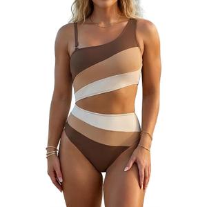 Leoparts Women's Color Block One Piece Swimsuits Monokini One Shoulder Cutout High Cut Bathing Suits Beachwear Small