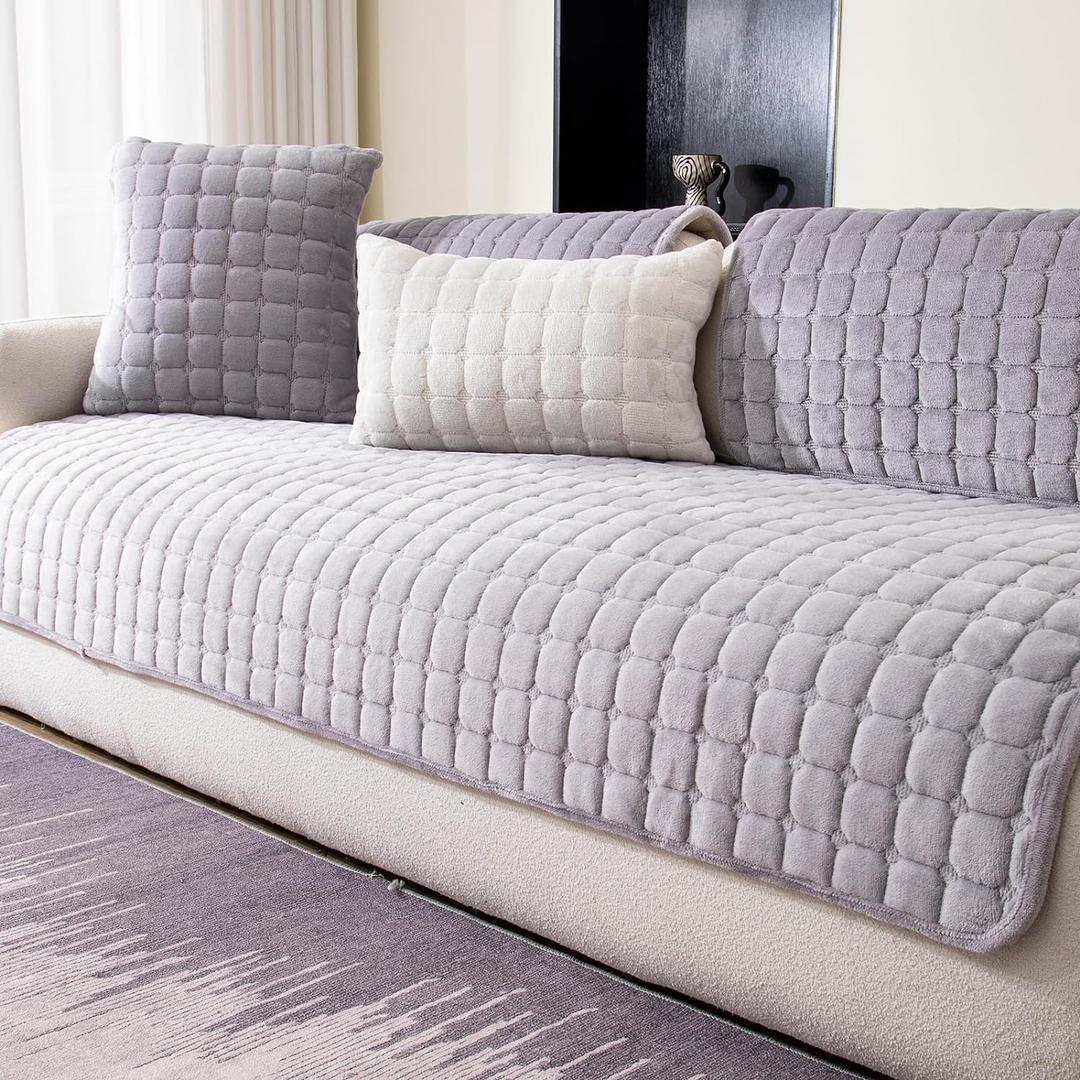 Velvet Couch Cover, Washable Sectional Sofa Cover, Anti Slip Sofa Slipcovers for 3 Cushion Couch Sofa L Shaped Recliner, Furniture Protector Covers for Pets Kids(Light Grey, Only 1 PC)