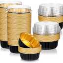 100 Pcs 8 oz Disposable Ramekins with Lids Creme Brulee Ramekins Aluminum Foil Baking Cups for Cupcakes, Cheesecake, Catering, Wedding, Party (Black, Gold)