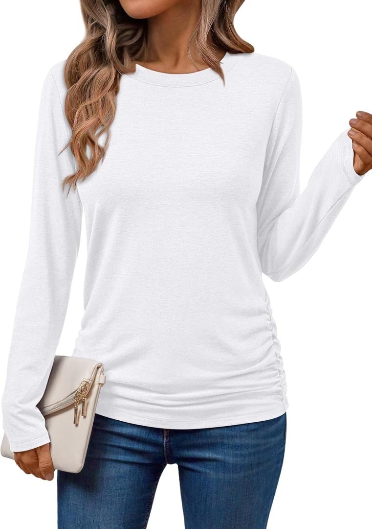 AUTOMET Womens Long Sleeve Shirts Business Casual Tops Ruched Fall Trendy Tshirt 2025 (White, XXL)