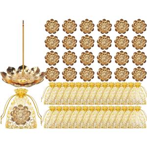 Layhit 24 Set Indian Return Gifts for Pooja Bulk, Lotus Incense Holder Gold Incense Sticks Holder with Organza Bags, Zinc Alloy Stick/Coil/Cone Anti Ash Spilling for Housewarming Yoga Spa Decor