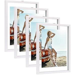 Trwcrt 5x7 Floating Picture Frames Set of 4, Double Glass Photo Frame Display up to 7 x 9 Photos for Desktop or Wall Hanging, White