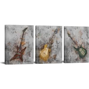 sechars Music Canvas Wall Art Guitar Painting Prints Rustic Jazz Posters for Pub Bar Decor Musical Artwork Framed Ready to Hang 12x16Inchx3PCS
