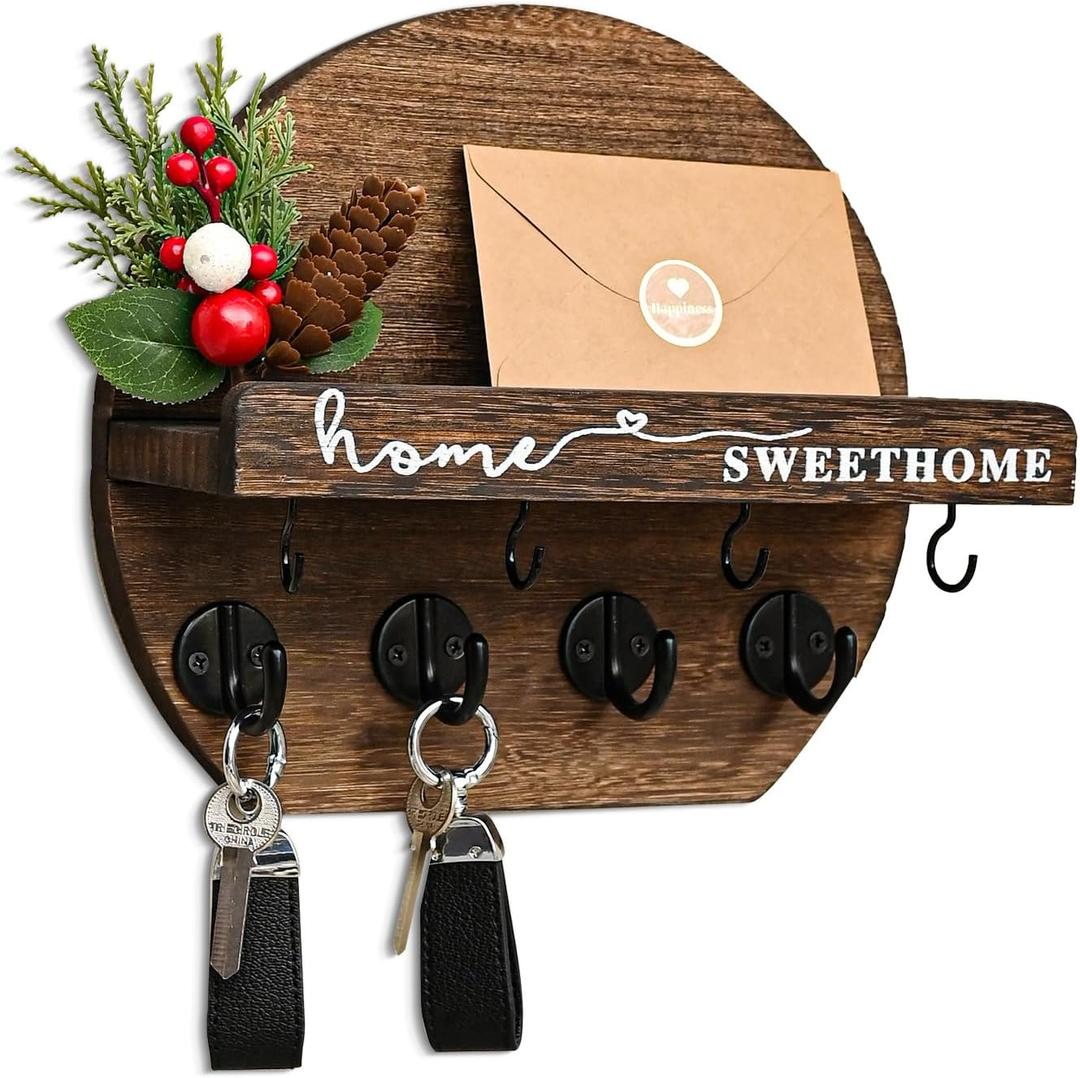 Key Holder for Wall, Key and Mail Holder Organizer - Key Holder Wall Mount with Bouquet Shelf and Key Hooks, Round Wooden Rustic Key Rack for Entryway and Home Decor (Brown)