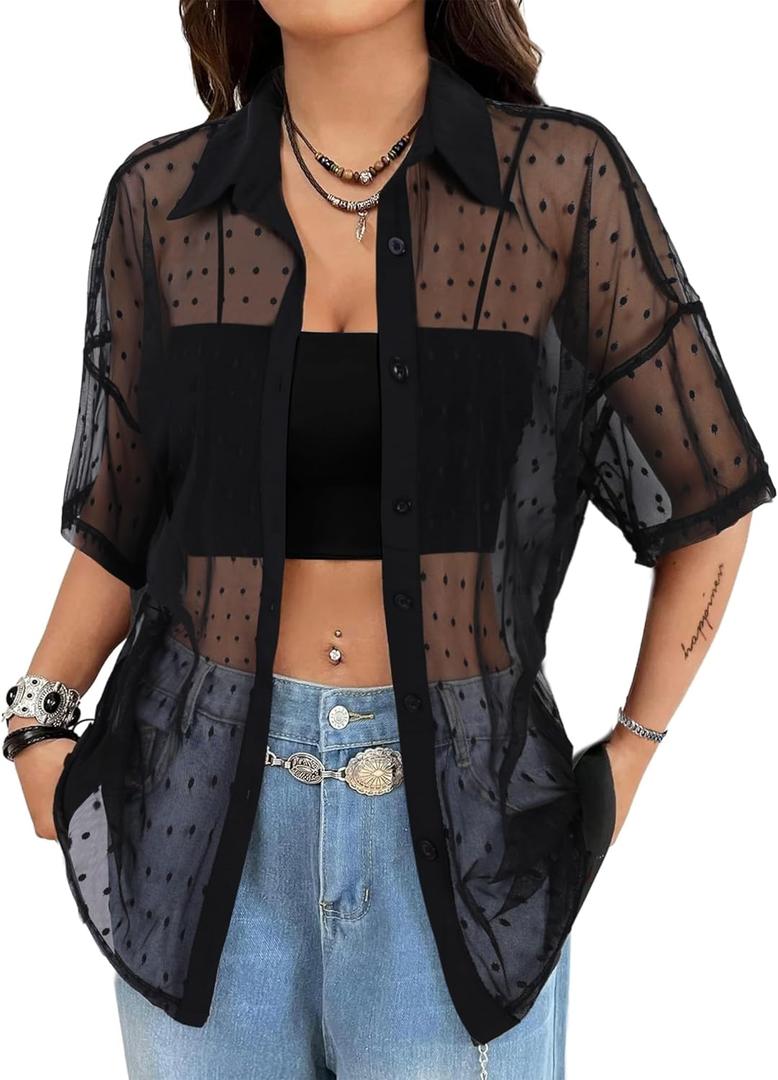 Avanova Women See Through Mesh Button Down Top Half Sleeve Collared Shirt Blouse (Small, Black Dots)