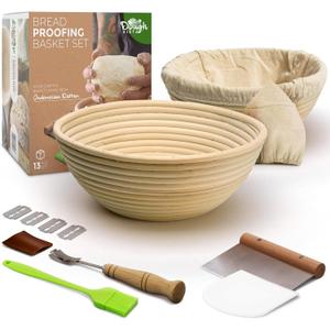 Banneton Bread Proofing Basket, 13 Pc Sourdough Starter Kit, 2 x Round 9 Inch Basket, Lame, Blades, Scrappers, Cotton Cover, Silicone Brush, & More - Sourdough Bread Baking Starter Kit