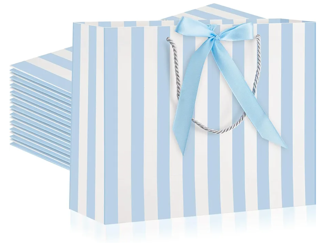 12 Pcs Bride Blue White Striped Gift Bags with Handles, 12.6 x 9.8 x 4.3Inch Bridesmaid Gift Bags for Wedding Bridesmaid Bridal Baby Shower Birthday Coastal Beach Bachelorette Theme Party Favor