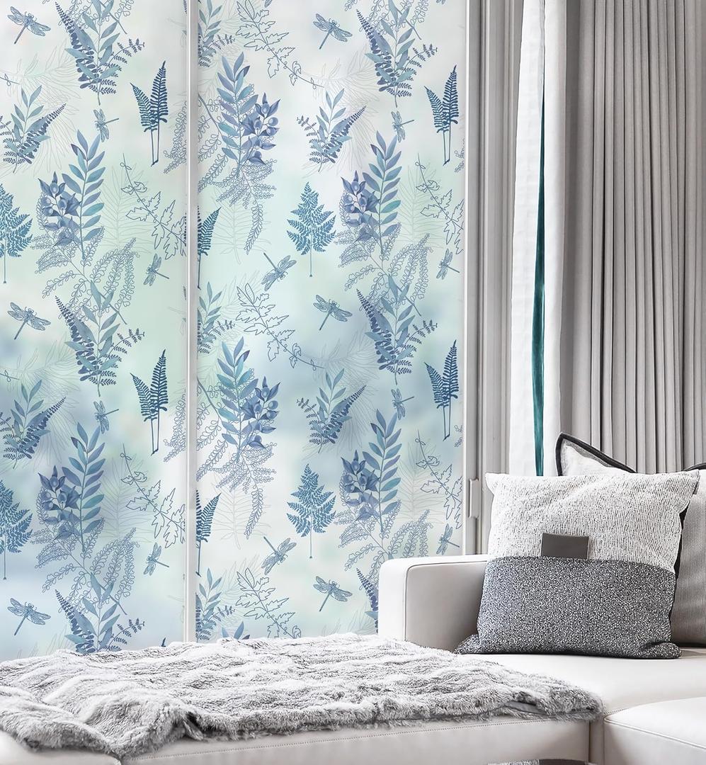 3 x Window Film, Frosted Textured Masking Protective Film, Blue Leaf Pattern, Heat and UV Protection Vinyl Self-Adhesive Window Protection Film 17.3x78.7