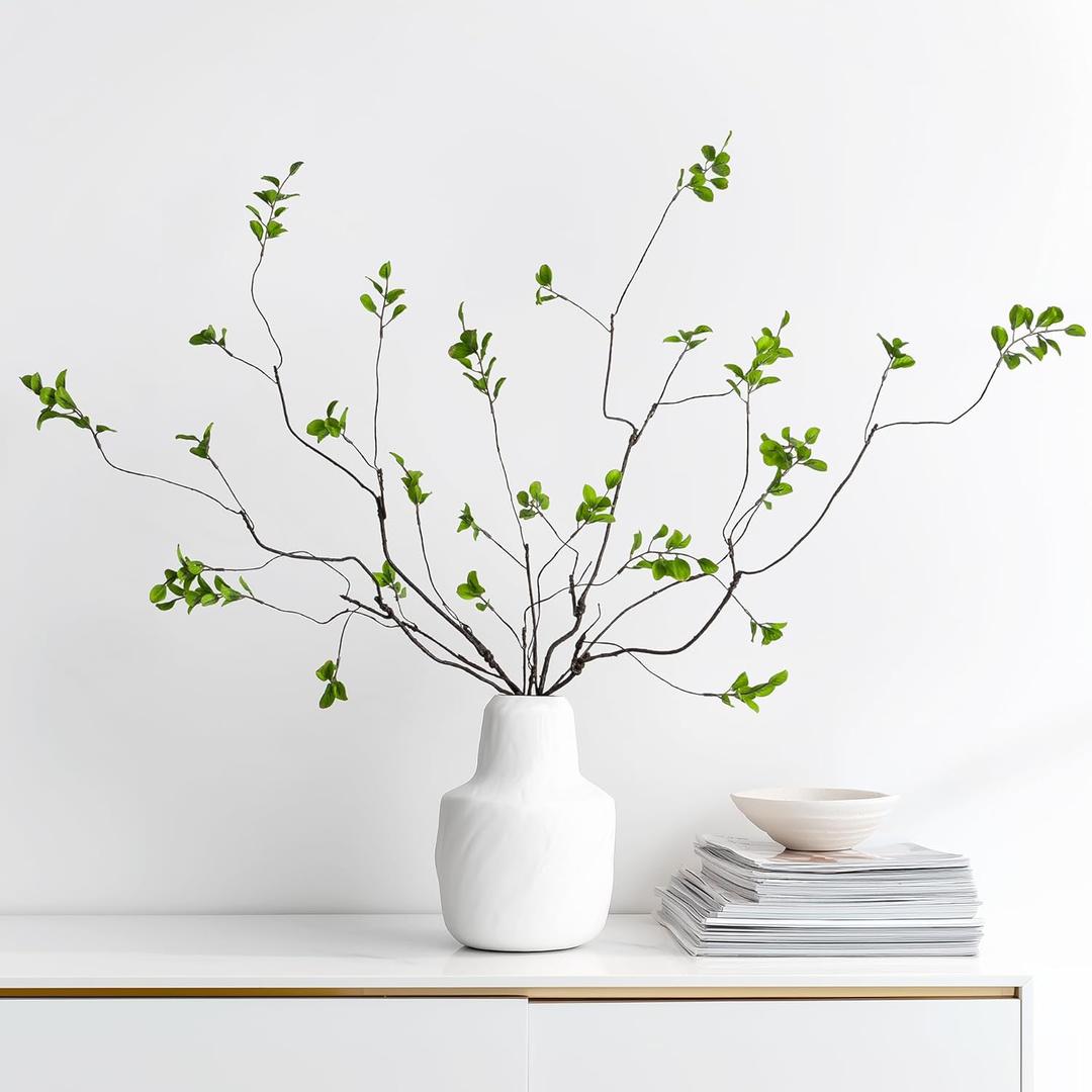 Ttranewsoo 4 Pcs Fall Stems Artificial Ficus Branches, 35.4 Inch Faux Eucalyptus Stems Fall Decor, Fake Leaves Fall Decorations for Home, Autumn Table Decor Fall Branches for Vase Green