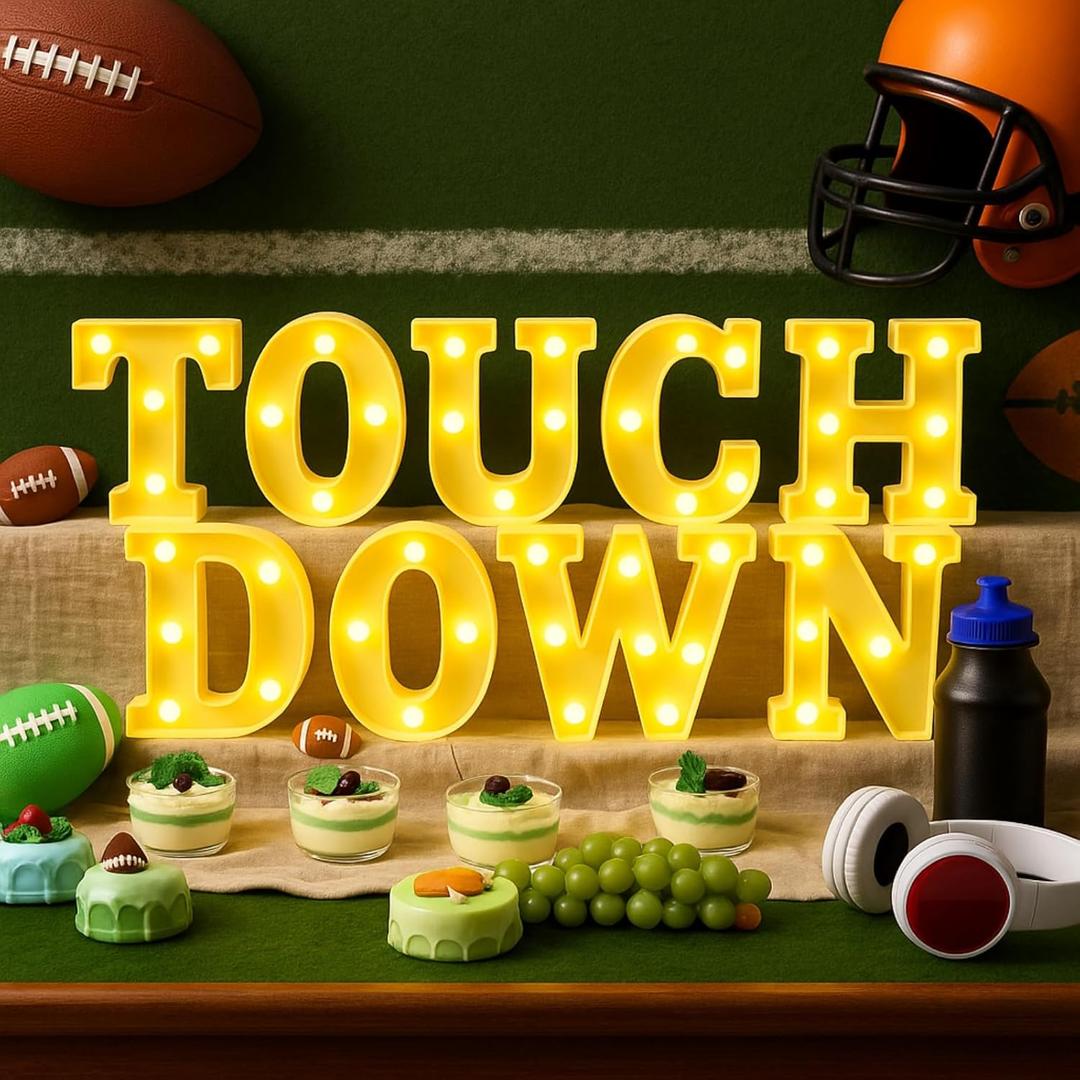 Honoson 9 Pcs Football Party Decorations 'touchdown! ' LED Lights Sign Rugby Theme Sports Neon Sign Lights Table Decoration for Football Birthday Gameday Tailgate Party Decorations