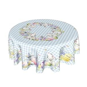 Happy Easter Rabbits Tablecloth Round 60 Inch, Blue White Plaid Polyester Circle Table Cloth, Colorful Spring Floral Wrinkle Stain Resistant Washable Table Cover for Kitchen Dining Room Picnic Patio