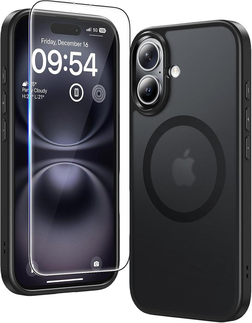 TAURI for iPhone 16 Case with Screen Protector, Compatible with MagSafe [Translucent Matte], Military-Grade Protection, Magnetic Phone Case for iPhone 16, Matte Black