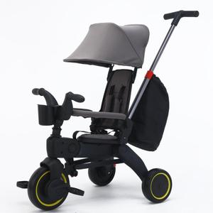 Baby Tricycle,5 in 1 Compact Folding Toddler Bike w/Removable Push Handle,Foldable Tricycle,Rotatable Seat,Canopy,Safety Harness,Storage Hanging Bag,Trike for 1-3 Year Old,Tricycle for Toddlers (Gray)