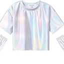 Perfashion Girls Metallic Shirts with Arm Sleeves, Shiny Crop Top for Dancing, Raves, Festivals, Costumes 12-13 Years
