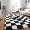 KICMOR Black and White 3x5 Rugs for Bedroom Bedside, Fluffy Soft Checkered Shag Area Rug Fuzzy Shaggy Small Living Room Carpet, Plush Throw Rug for Kids Boys Girls Dorm Nursery Home Decor Aesthetic