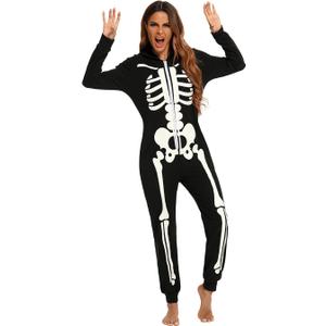 Veseacky Matching Pajamas Sets Skeleton Glow in Dark Jumpsuit Halloween Hooded One-Piece Zipper PJS Family Jammies (X-Large, Style A_black-women)
