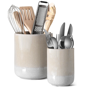 LE TAUCI Utensil Holder, 7.3"+5.4" Ceramic Kitchen Utensil Holder for Countertop, Large Cooking Utensil Crocks for Kitchen Counter, Morden Utensil Organizer for Spatula, Set of 2, Glaze Marble Gray