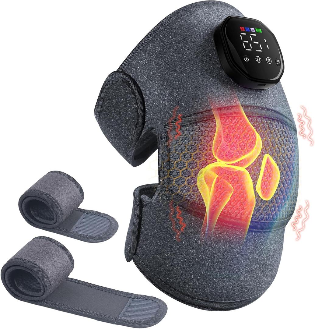 Knee Massager with Heat and Vibration, Cordless Heating Pad for Knee, 3-in-1 Massager for Knee Shoulder Elbow, Portable Washable Heated Knee Brace for Arthritis, with 2 Extension Straps