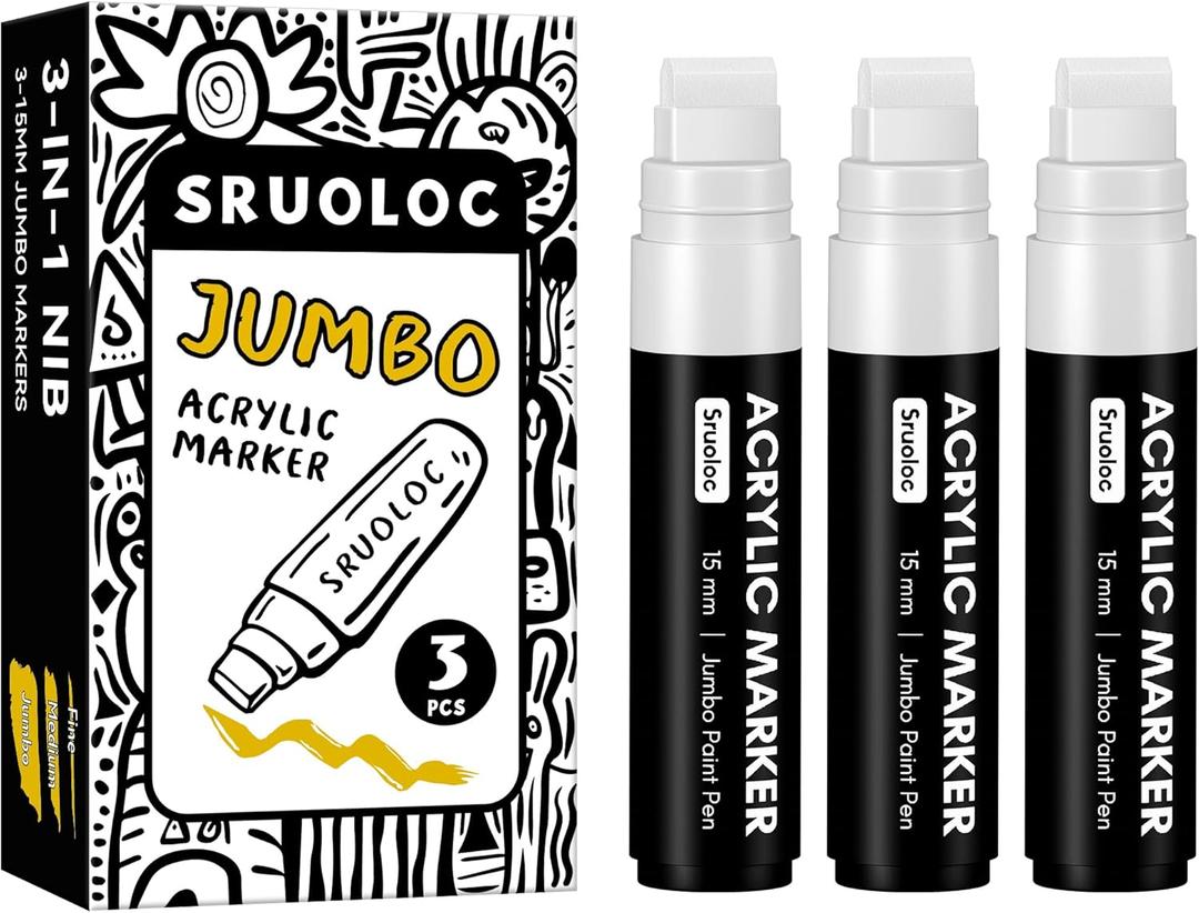 SRUOLOC 3 Jumbo Permanent Markers White, 15mm Thick Wide Tip, Large Acrylic Paint Markers for Rock Painting, Poster, Stone, Ceramic, Glass, Wood, Canvas