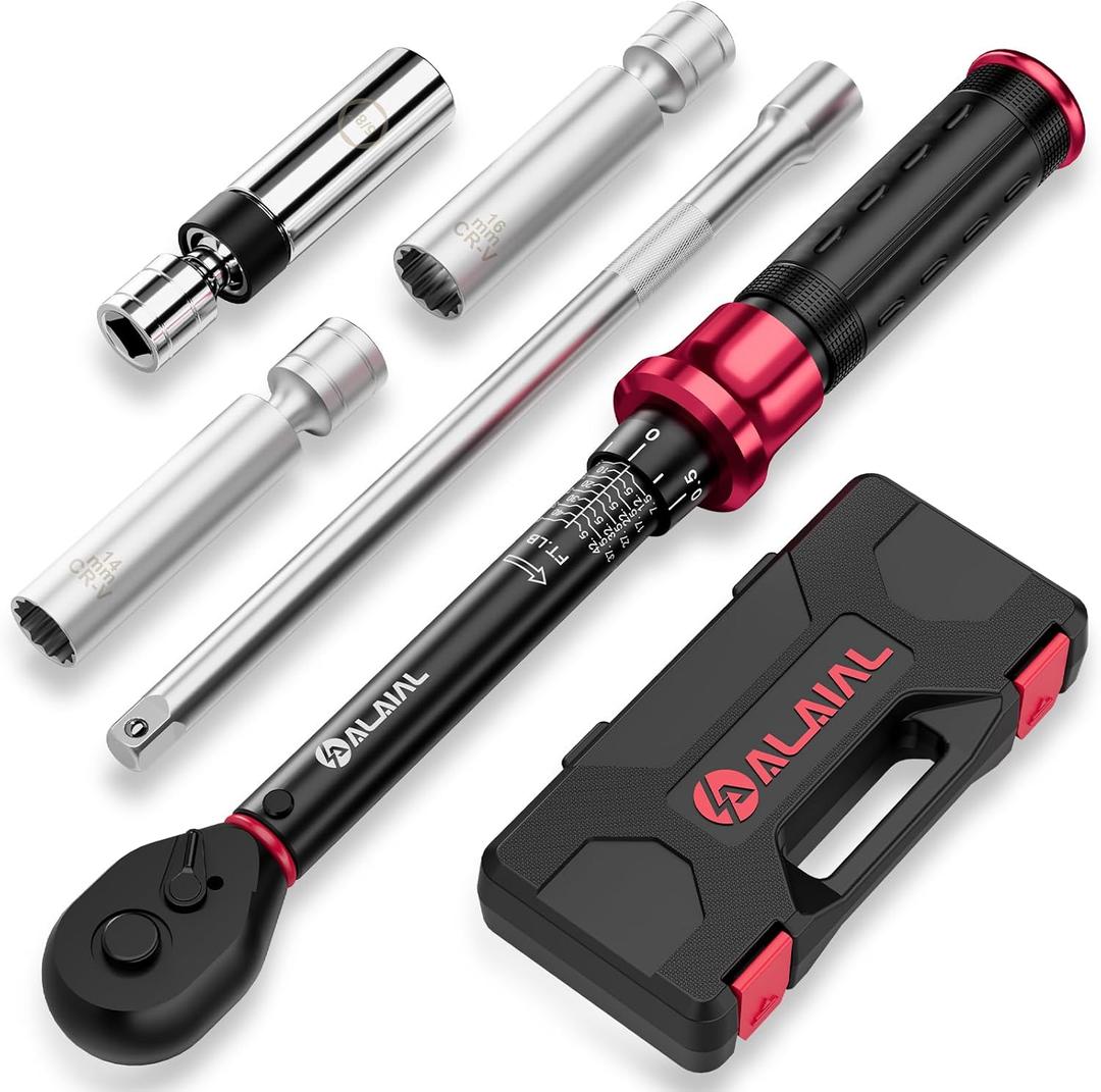 Magnetic Spark Plug Socket Set with Torque Wrench 3/8 Drive, 5-45 ft.lb/6.8-61 Nm, 5PCS Swivel Spark Plug Socket Set with Torque Wrench, Spark Plug Socket (14mm/16mm/5/8-inch), 10" Extension Bar