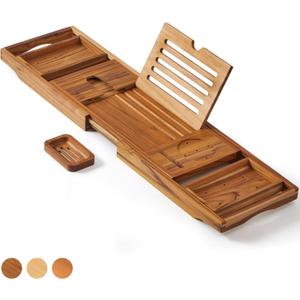 XcE Teak Bathtub Tray Expandable to 105cm with Solid Book Stand and Soap Tray, Teak