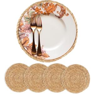 Round Woven Placemats 12 inch Set of 4 - Boho Rattan Placemat Natural Water Hyacinth Placemats, Farmhouse Weave Place Mats, Rustic Braided Wicker Table Mats for Dining Table, Home, Wedding