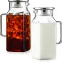 2 x Netany 2 Pack 1.2 Liters/40 oz Small Square Glass Pitcher with Lid and Handle for Fridge, Iced Tea and Coffee Carafe Storage Container, Resistant to Hot and Cold Borosilicate Jug