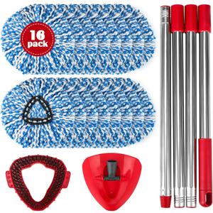 Spin Mop Replacement Set for O-Ceda RinseClean 2-Tank System, 16 Microfiber Spin Mops Refills,1 Scrubber Head,1 Triangle Spin Base,and(31-63in) Adjustable Handle Set Combo