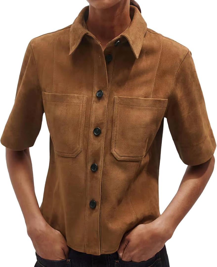 Women's Suede Short Sleeve Lapel Single Shirt Classic Button - Down with Chest Pockets jacket