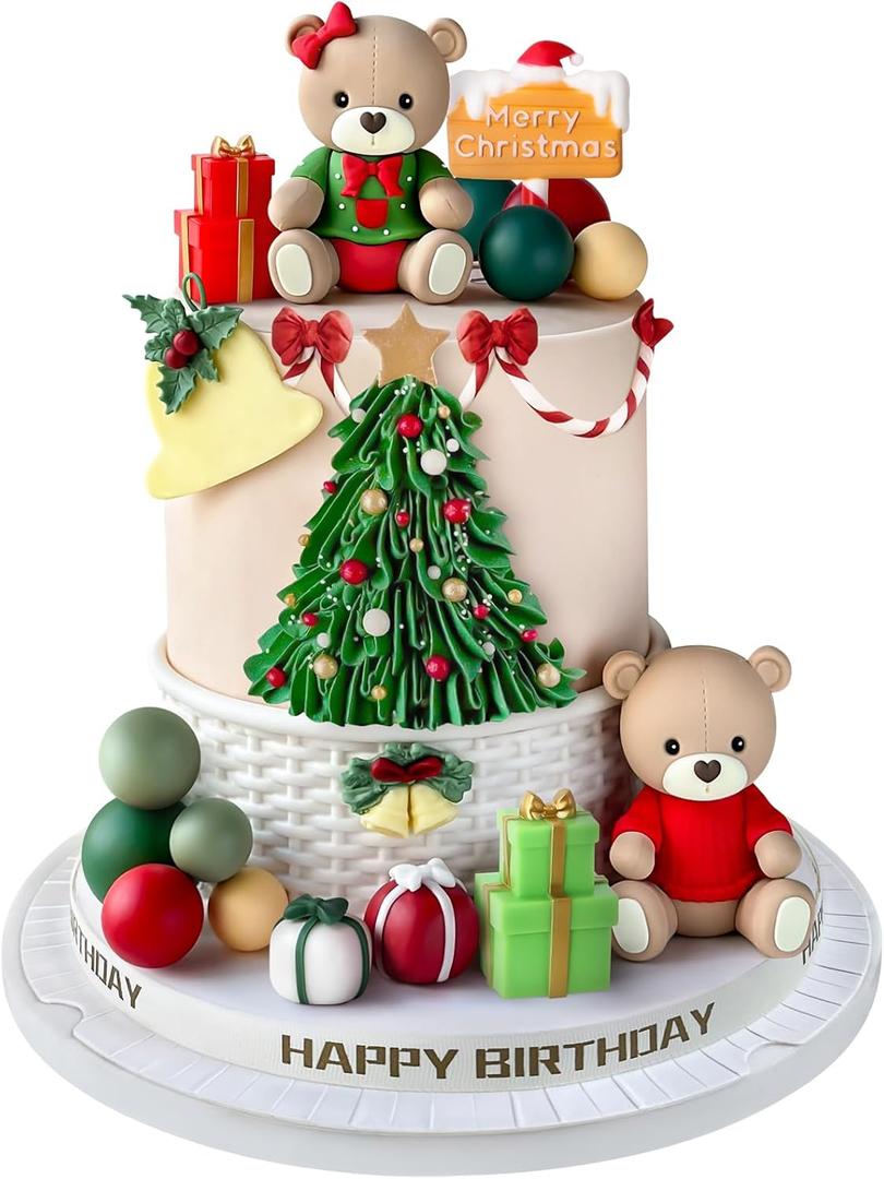 14pcs Christmas Cake Topper Merry Christmas Cake Topper with Bear Gifts Balls Cake Decorations for Winter Xmas Theme Birthday Happy New Year Party Decorations