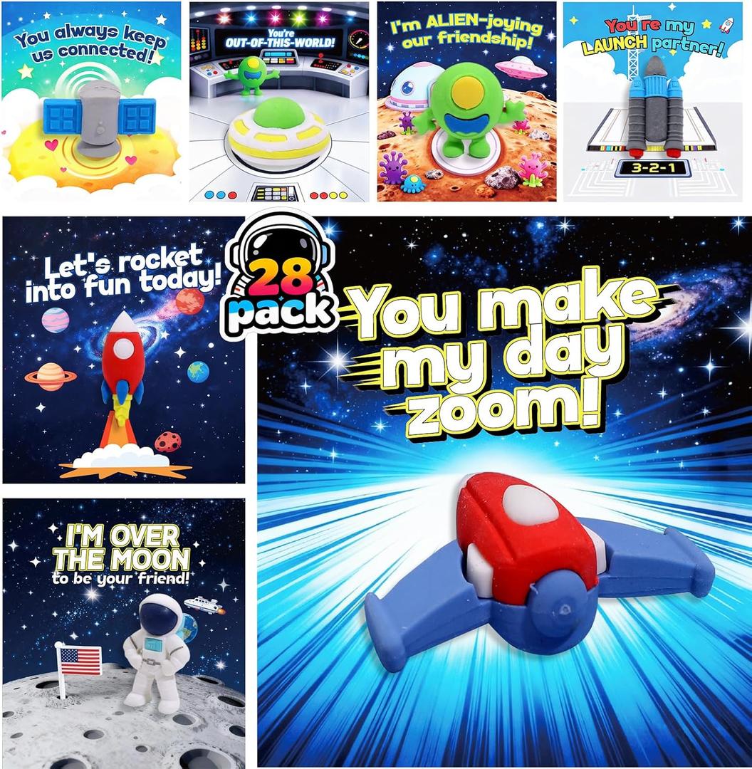 Swooflia 28 Pack Space Erasers Valentines Day Cards for Kids School Classroom Gifts-Mini Outersapce Items, Valentine Exchange Stationery Gift Set for Kindergarten, 1st Grade Class (Blue)