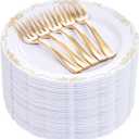 LIYH 200 Pcs Gold Dessert Plates,100 Pcs Appetizer Plates 7.5" and 100 Pcs Gold Plastic Forks 5", Cake Plates, Disposable Salad Plate Wedding Cake Plate Forks for Parties, Birthdays, Wedding
