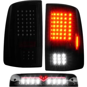 (3 Pack) Black Smoke Lens Taillight Assembly + 3rd Brake Light for 2009-2018 Dodge Ram 1500, 2010-2018 Ram 2500 3500, Only Fit factory Halogen/incandescent and Without Projector Headlights Models
